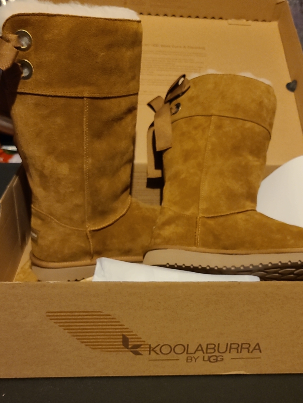 Koolaburra Tall Chestnut Suede Winter Boots with Back Bow
